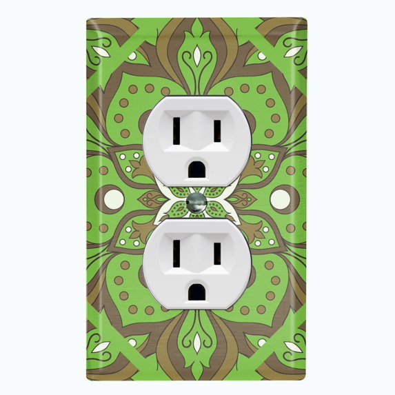 Metal Light Switch Plate Cover Green Brown Mandala Flower Tile Pattern MDL040
