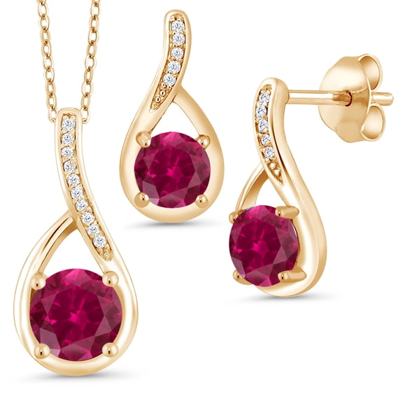 Gem Stone King 18K Yellow Gold Plated Silver Red Created Ruby and Diamond Pendant and Earrings Jewelry Set for Women | 2.34 Cttw | With 18 inch Chain | Fine Jewelry Gifts for Women Mom Wife Her