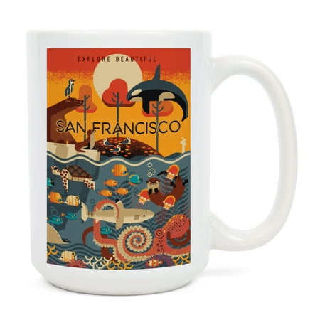 

15 fl oz Ceramic Mug San Francisco California Marine Animals Geometric Dishwasher & Microwave Safe