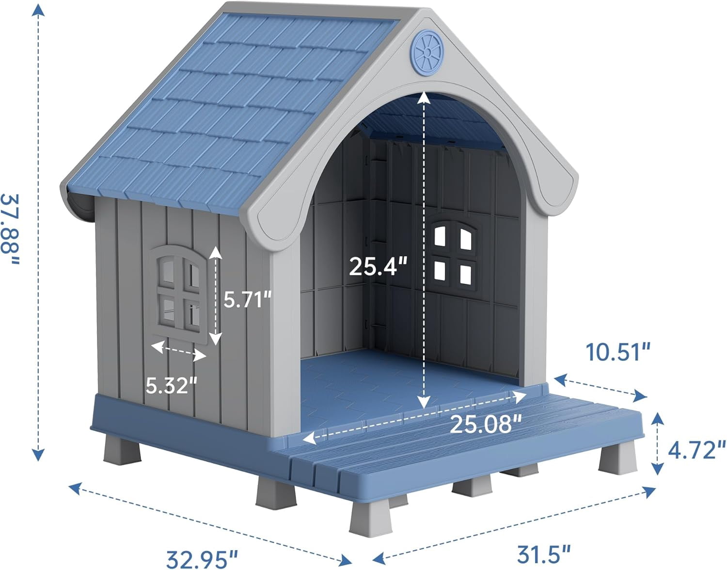 Dog House Outdoor Weatherproof with Porch for Small Medium Dogs, Durable Plastic Pet House with Sloping roof and Elevated Floor, Easy Cleaning and Assemble (Blue)