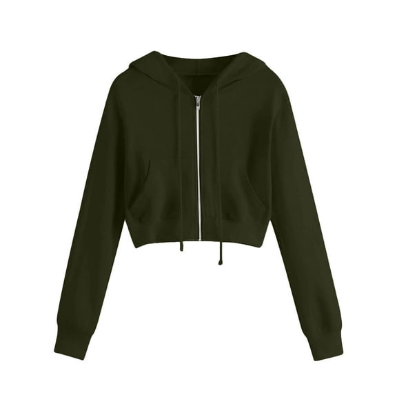 Scyoekwg Spring Fall Coats for Women Zipper Drawstring Hooded Sweatshirt Short Jackets Loose Casual Long Sleeve Solid Color Hoodies Jackets (Army Green,L)