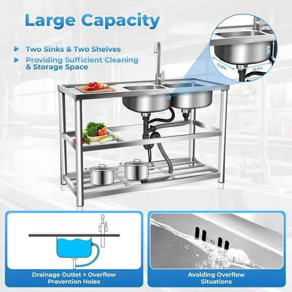 Mkyiongou 2 Compartment Sinks Free Standing Stainless-Steel Commercial Double Bowl Sink