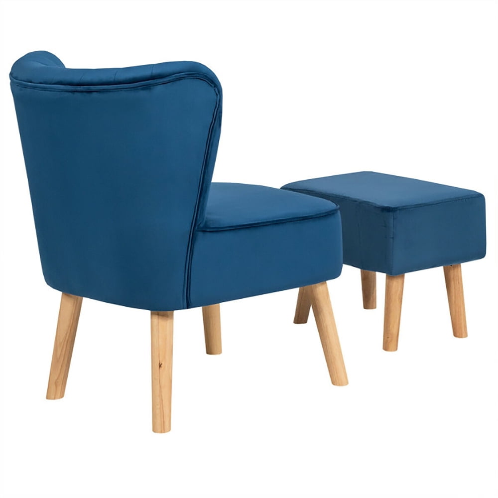 Finihen Velvet Accent Chair, Modern Accent Chair Ottoman Set with Footstool, Thickly Padded, for Living Room, Bedroom, Blue