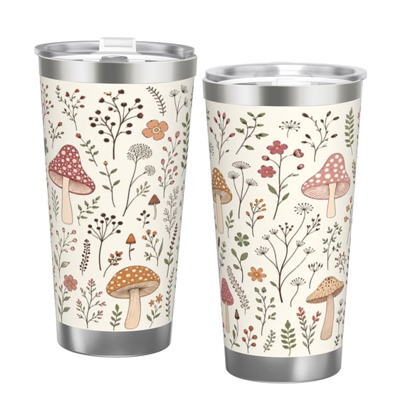 20oz Mushroom Floral Tumbler with Handle and Straw Botanical Wildflower Stainless Steel Insulated Travel Coffee Cup Gift with Double Silver Rim