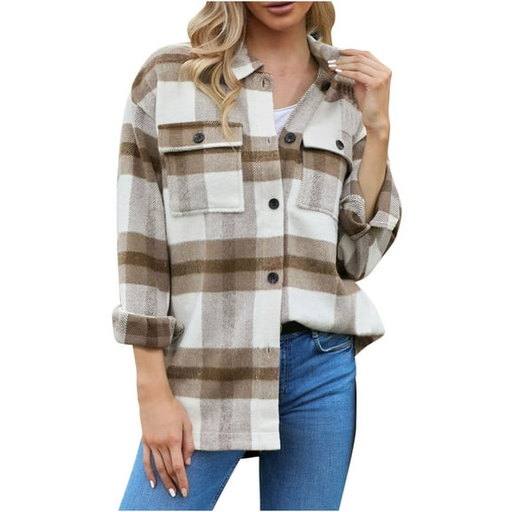 2024 Autumn and Winter Fashion Flannel Plaid Jackets for Womens Plus Size Long Sleeve Button Shirts Jacket Coats With Side Pockets