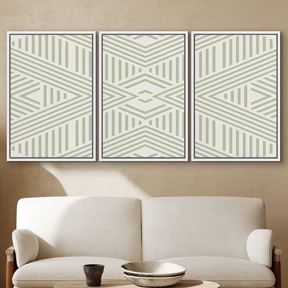 PixonSign Framed Wall Art Print Set Dark & Light Green Triangle Line Pattern Abstract Shapes Illustrations Modern Art Chic Relax/Calm Pastel for Living Room, Bedroom, Office - 24"x36"x3 White