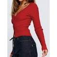 thumbnail image 4 of Women'S Long Sleeve Cardigan Open Front Knit Cropped Sweaters Fall V Neck Button Down Jacket Tops Wine Red S, 4 of 8