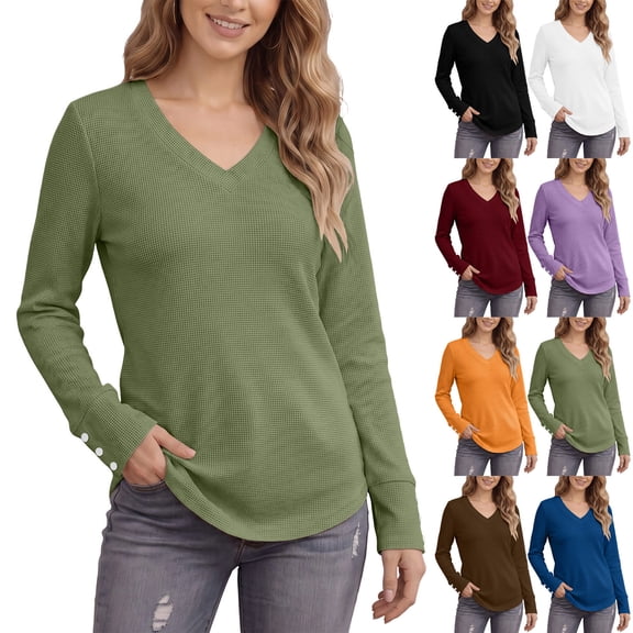 Horkkom V Neck T Shirts for Women Casual Solid Color Long Sleeve Shirts Plaid Versatile Pullover Shirts, S-3XL