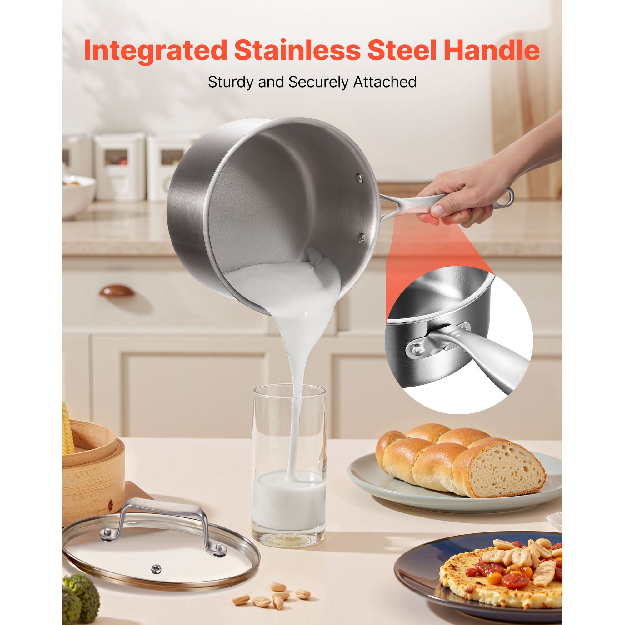 Stainless Steel Saucepan 4 QT Tri-Ply Construction Oven Safe 600°F for Gas Electric Induction