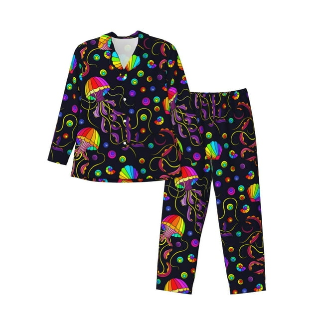 Fotbe Rainbow Jellyfishes Pijama de Hombre con Estampado de Manga Larga, Conjunto de 2 Piezas, Ropa de Dormir Suave y Cómoda con Bolsillos-X-Large