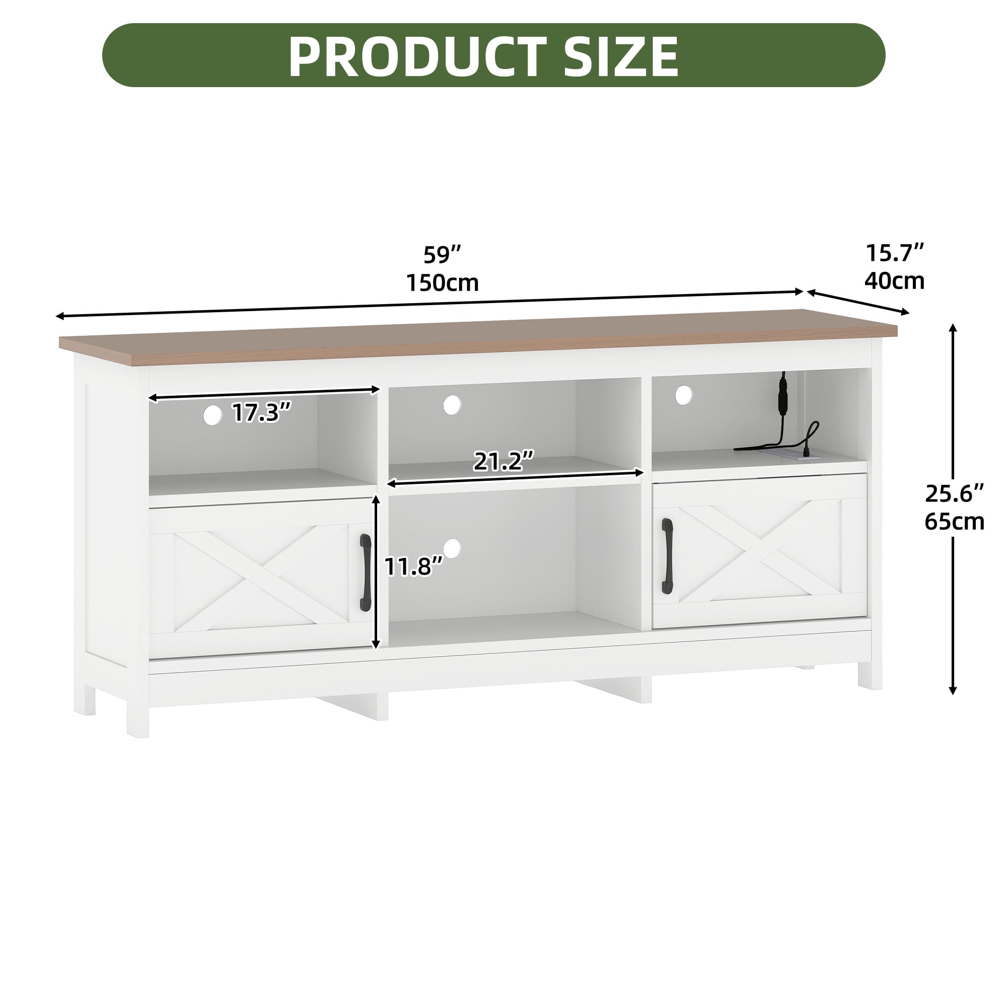 Uforic TV Cabinet with Storage, LED Lights, and Power Outlet, TV Stand for Living Room, Bedroom, or Apartment, Accommodate 65 Inch TVs, White and Walnut