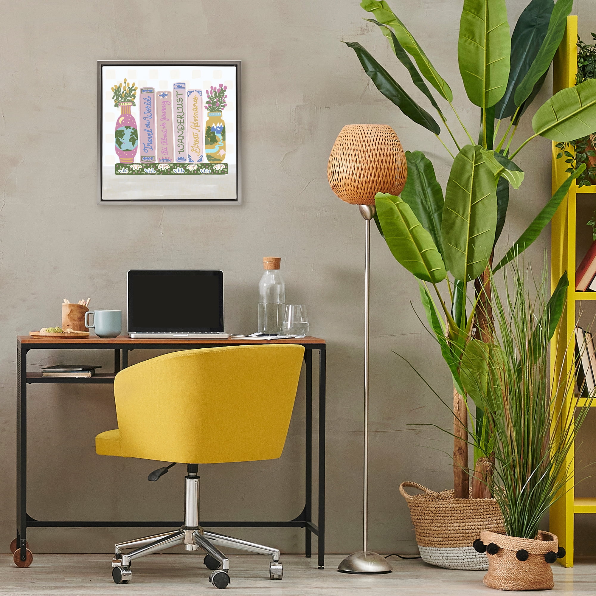 Stupell Industries Boho Travel Books Shelf Gray Framed Floater Canvas Wall Art, design by Connie Summers