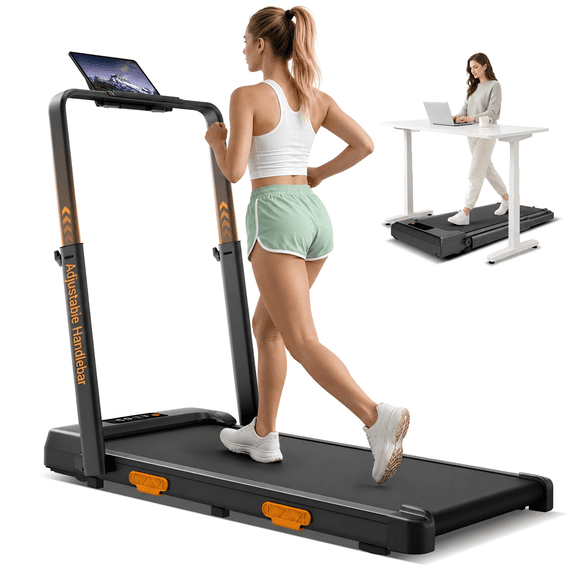 Under Desk Walking Pad with Adjustable Handlebar, 3.4" Ultra-Thin Foldable Treadmill for Home Office, Portable Walking Treadmill with LED Display & Remote, 265 LBS Capacity
