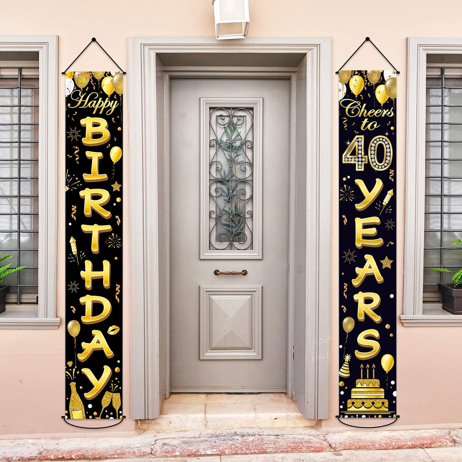 40th Birthday Party Banner Decorations Cheers to 40 Years Banner 40th Party Supplies Black Gold Welcome Porch Sign for Indoor Outdoor