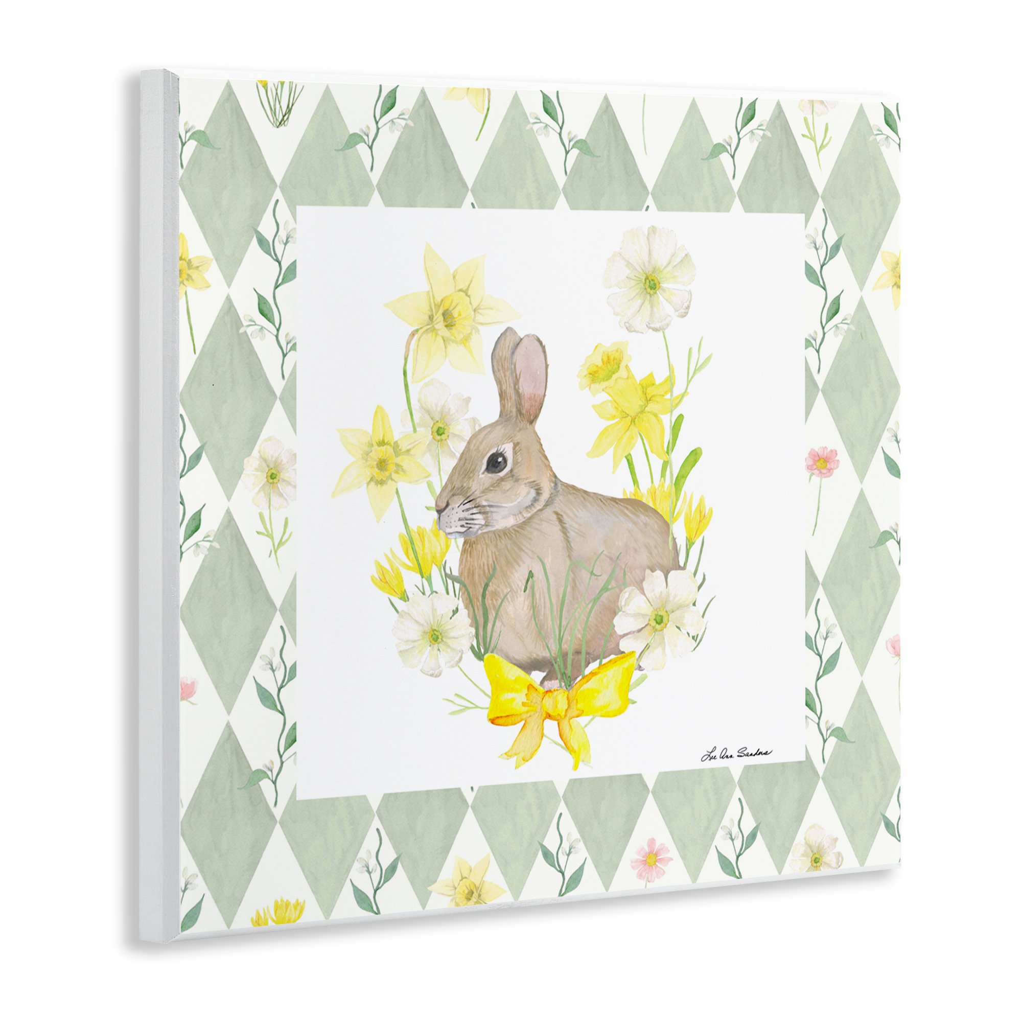 Mother Bunny on Green Argyle Wall Plaque Art, design by Lee Ann Sanders