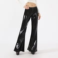 thumbnail image 2 of Women's Bell Bottom Leather Pants High Waist Stretchy Flare Pants Solid Color Party Club Night out Trousers, 2 of 5