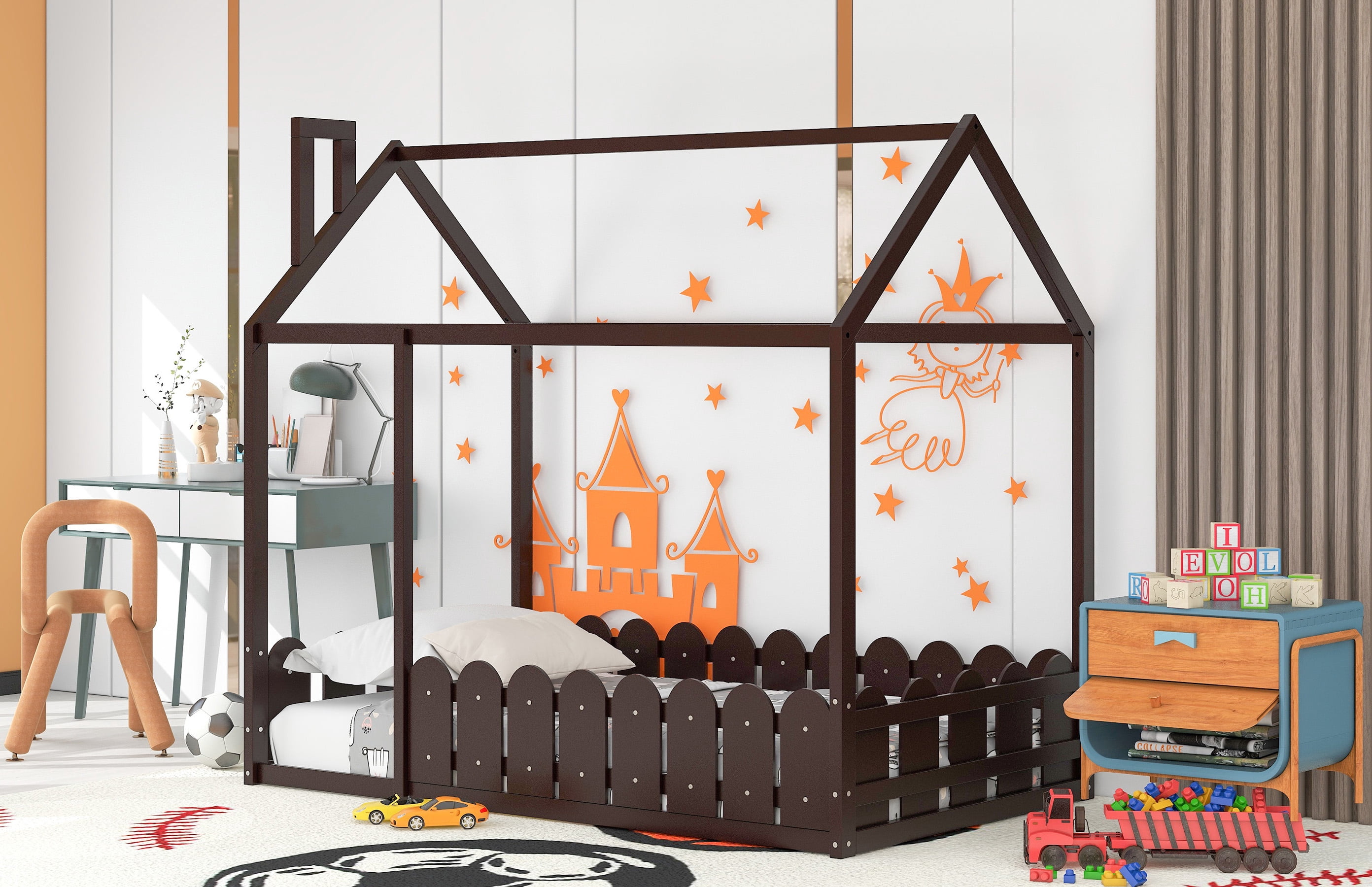 Aukfa House Bed for Kids, Wood Bed Frame with Roof and Fence, Twin Bed, Espresso