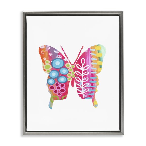 Stupell Industries Pink Florals Butterfly Animals & Insects Painting Gray Floater Framed Art Print Wall Art, 17 x 21