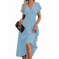 thumbnail image 4 of Womens Solid Color Overlap V Neck Batwing Sleeve Waist Pleated Long Elegant Dress Maxi S, 4 of 10