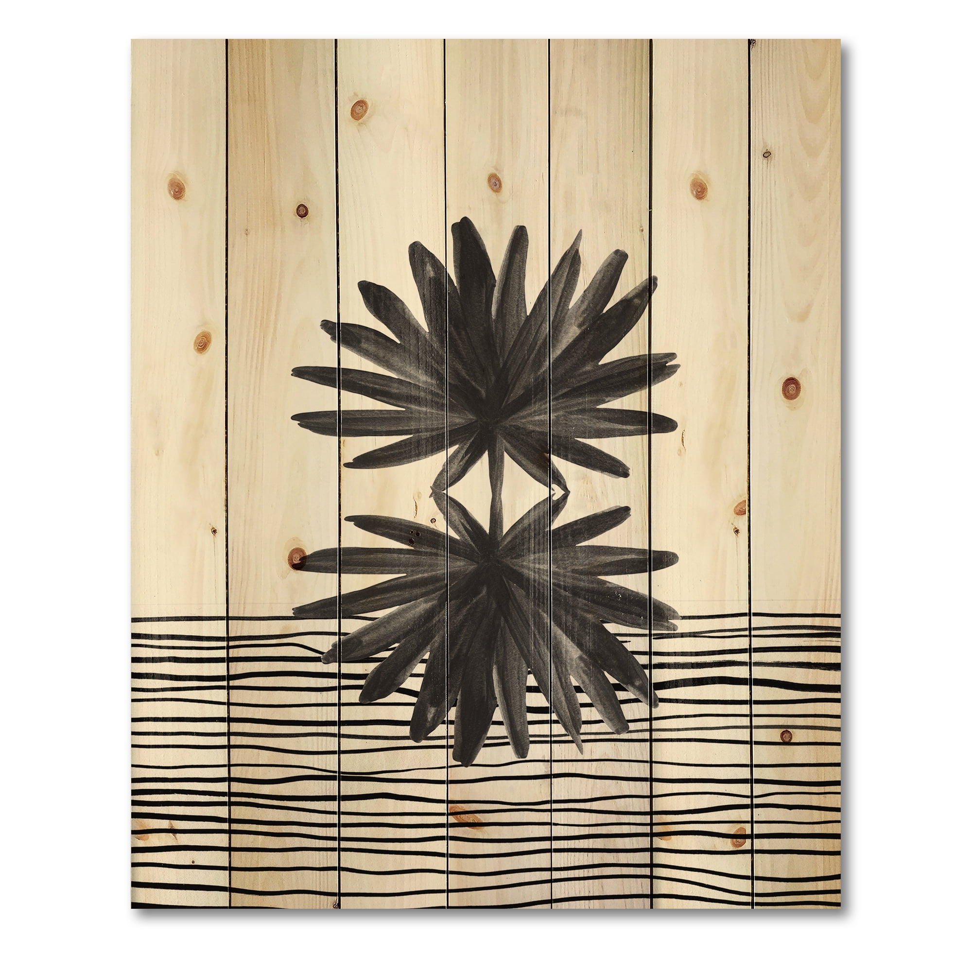 Designart 'Black and White Striped Under Tropical Leaf II' Modern Print on Natural Pine Wood