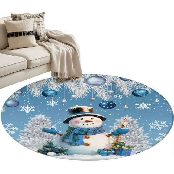 Blue Snowman Christmas Round Area Rug 4 FT, Non Slip Indoor Outdoor Rug, Xmas Tree Balls Snowflake Washable Soft Circular Carpet Non-Shedding Floor Mat for Coffee Table Nursery Foyer Balcony