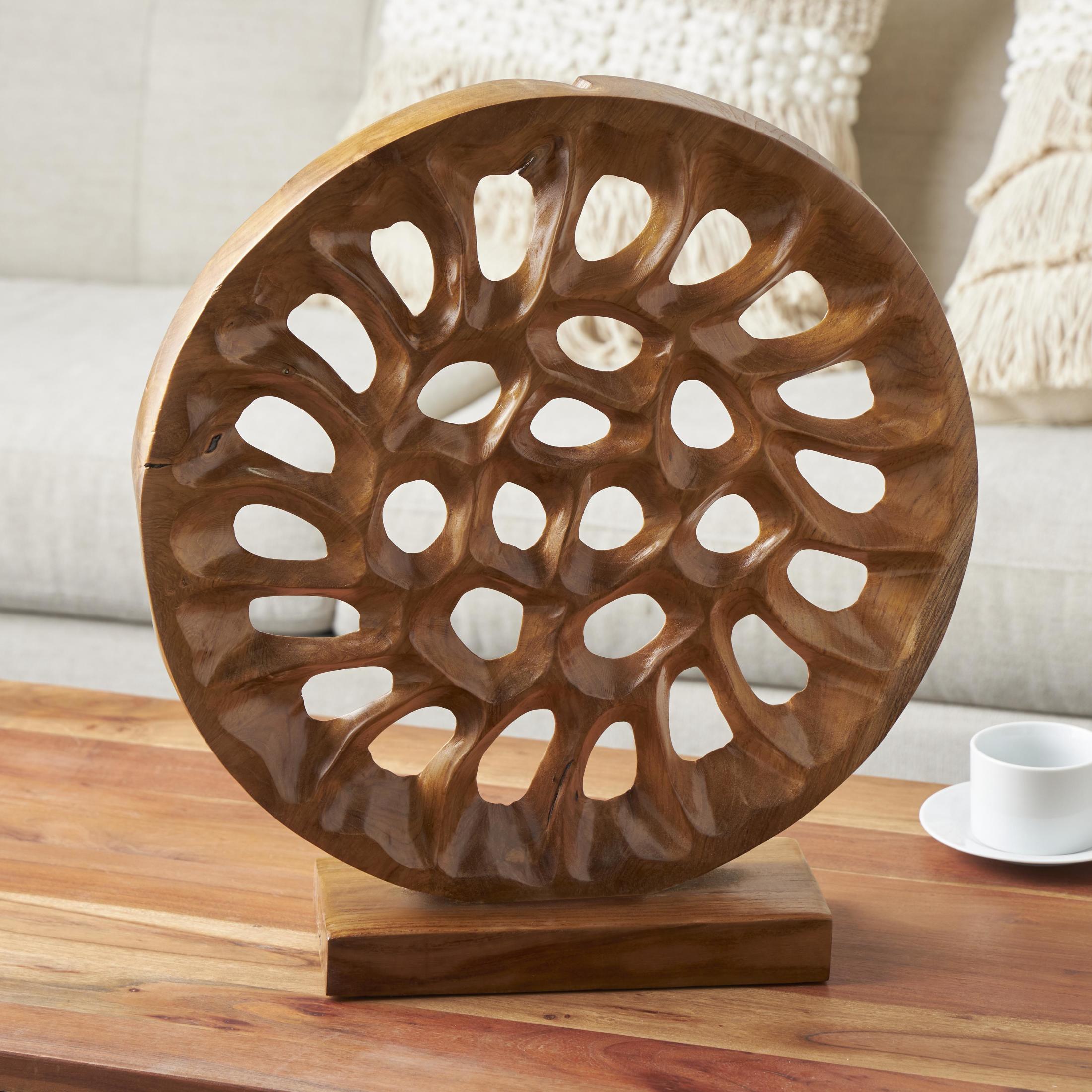 20" x 21" Brown Teak Wood Handmade Circular Cutout Abstract Sculpture, by DecMode