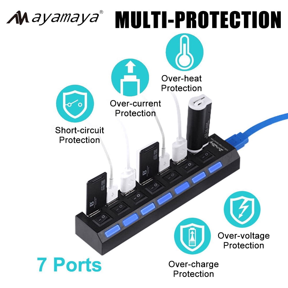 AYAMAYA 7-Port USB 3.0 High Speed Extension Charger Adapter with On/Off Switch & LED Light for PC/Laptop/PS4/Slim/Pro Hub