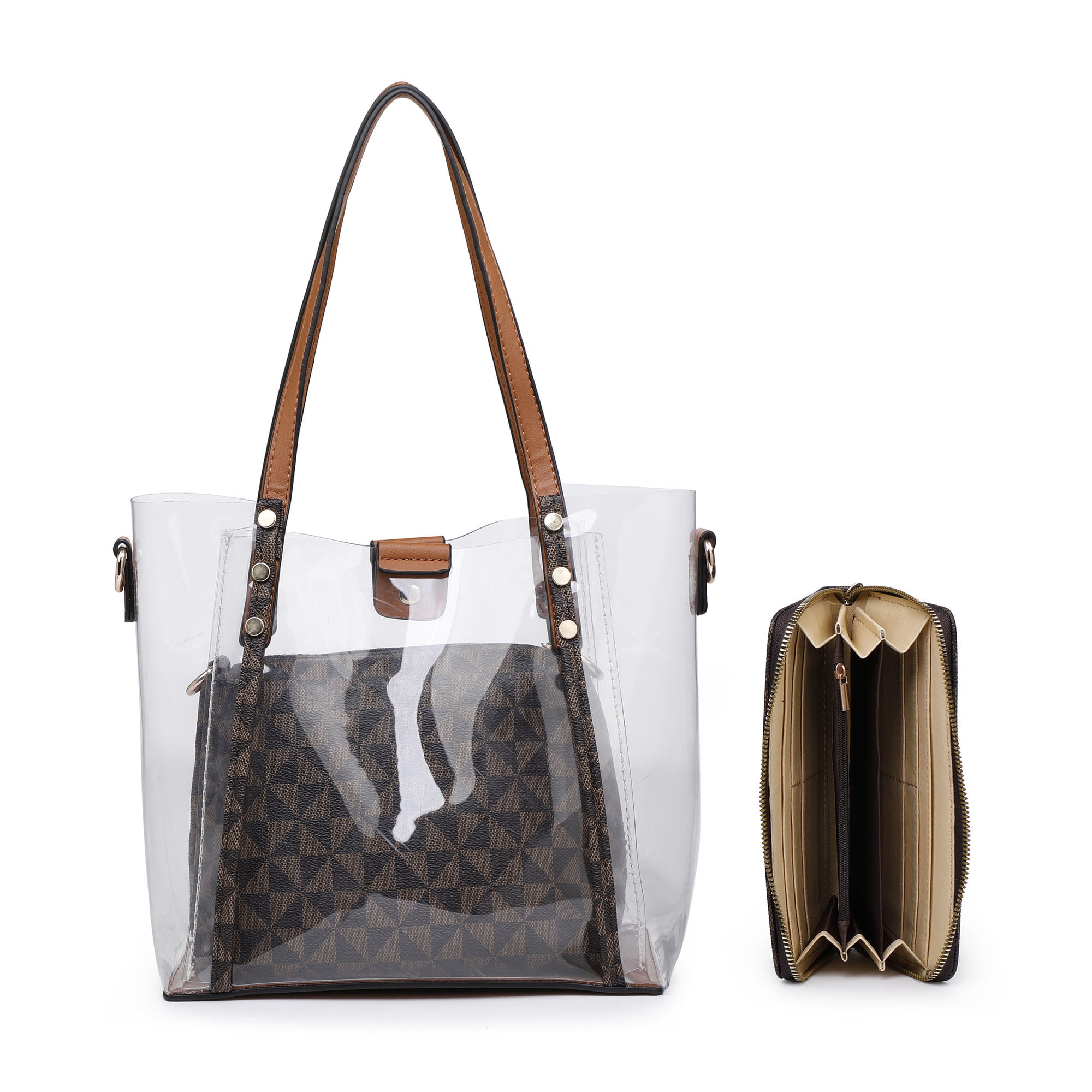 XB Women Large Clear PVC Shoulder Tote Bag Transparent Handbag 3 Pieces Set  with Plaid Pouch Wallet Purse 