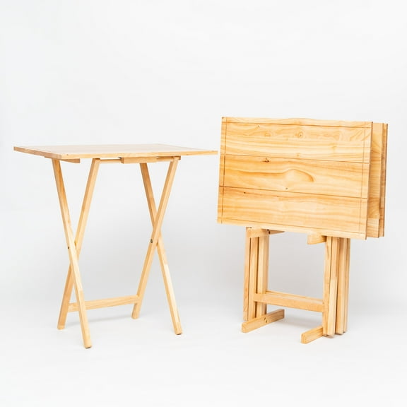 Mainstays Folding XL Oversize TV Tray Set of 4 with Storage Rack, Farmhouse Natural Finish