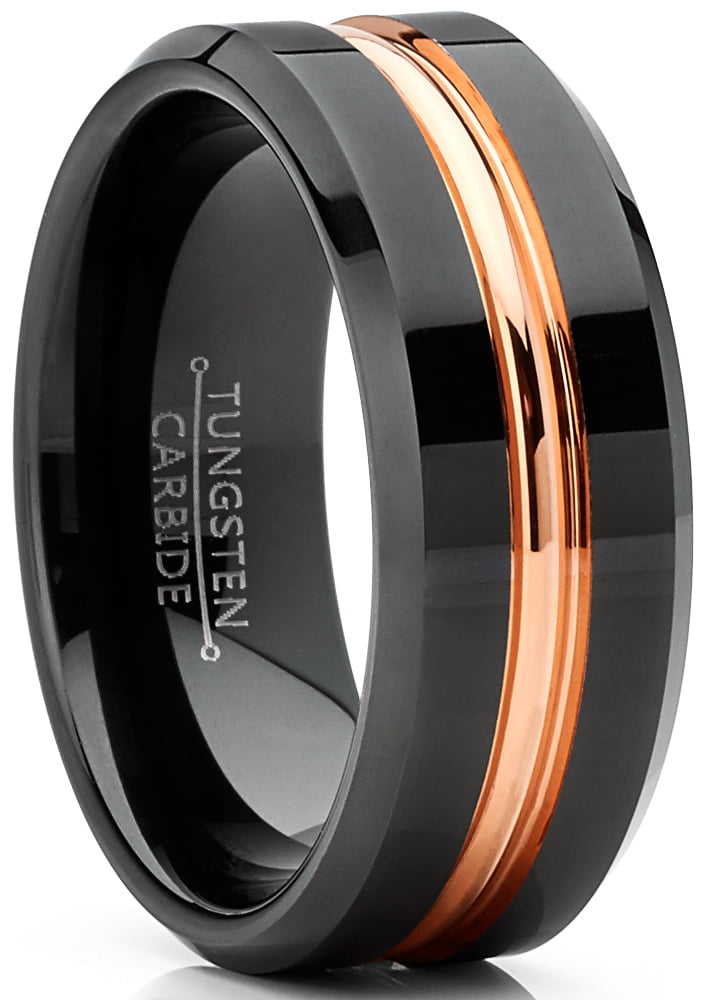 8mm TUNGSTEN CARBIDE MEN'S ROSE GOLD IP FINISH BLACK IP GROOVE BAND RING SZ 7-15 