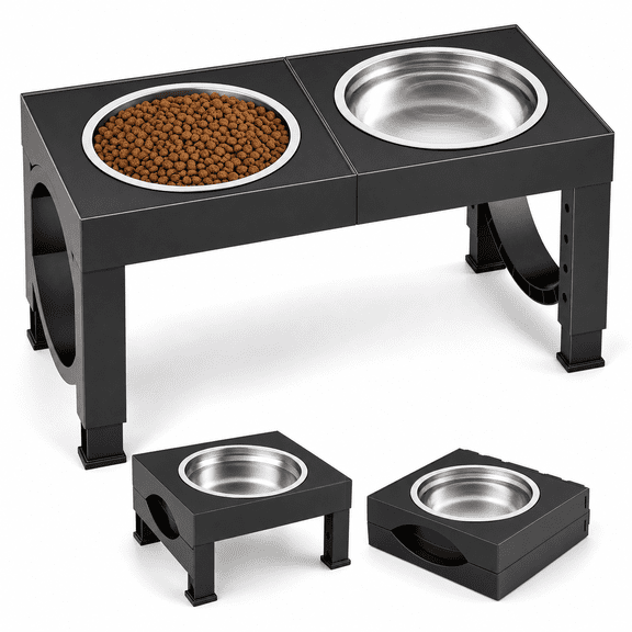 A-Black Adjustable Height Elevated Pet Bowl Stand with Stainless Steel for Large/Medium Dogs