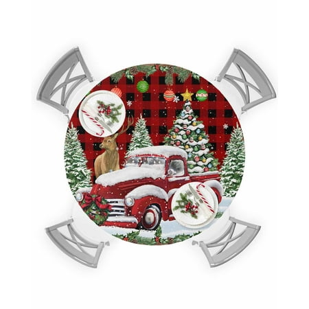 

Round Tablecloth with Elastic Christmas Winter Red Truck Xmas Tree Snow Scenery Tree Branch Waterproof Table Cover Wipeable Fitted Table Cloths for 45 -54 Round Tables Dining Kitchen