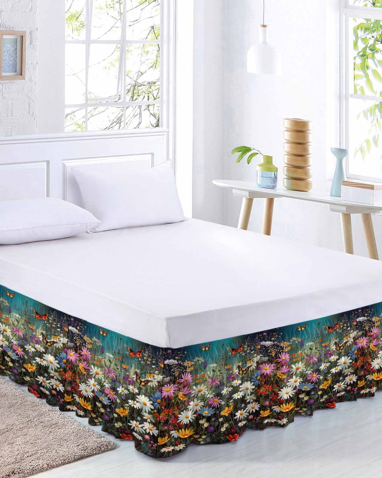 Spring Floral Bed Skirt Queen Size, Colorful Daisy Summer Botanical Butterfly Wrap Around Bed Skirting with Adjustable Elastic Strap, Dust Ruffle Pleated Bedskirts 16 Inch Drop for Bedroom Queen Beds