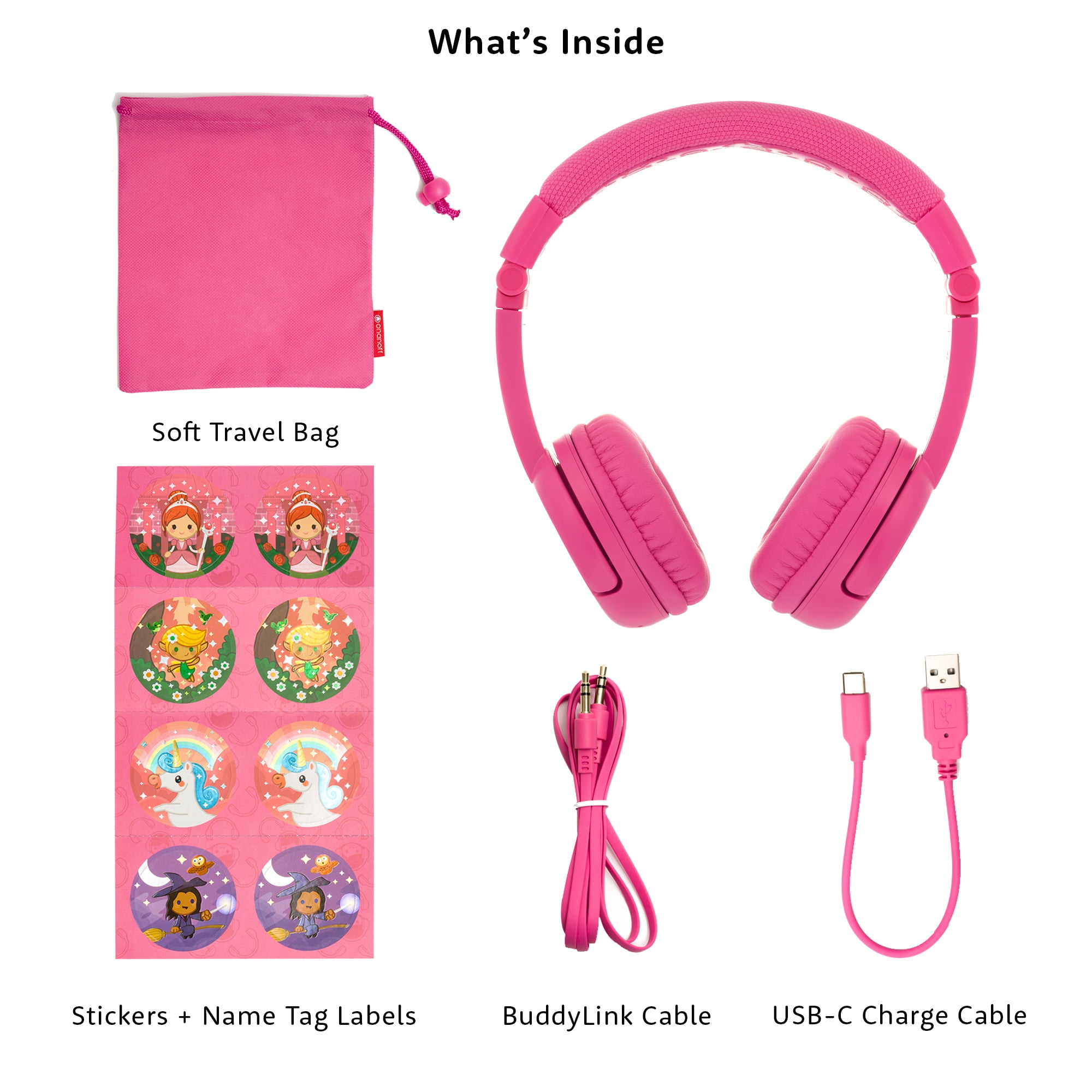 BuddyPhones Play+, On-Ear Bluetooth Wireless or Wired Foldable Kids Headphones with Mic, 3 Volume Limiting Settings, Voice Enhance StudyMode, 20-Hours Battery, Customizable Stickers, Rose Pink
