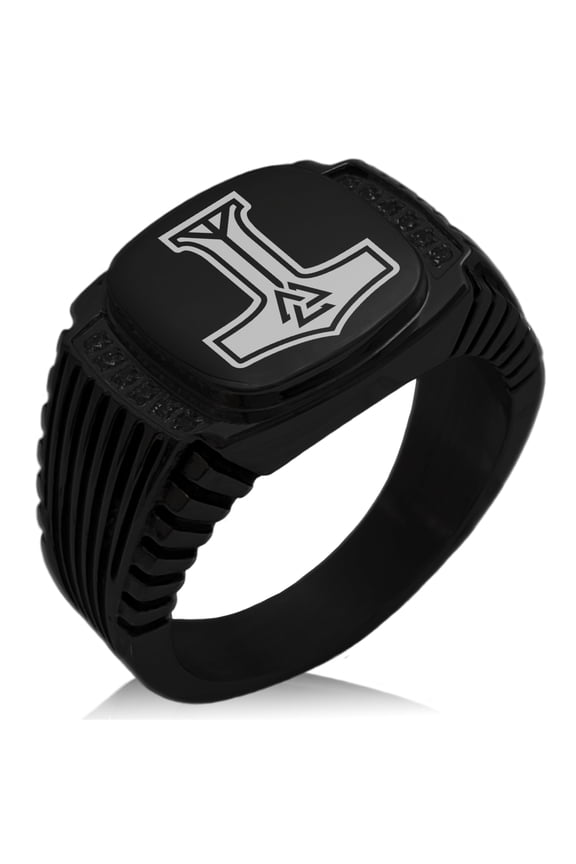 Stainless Steel Valknut Mjolnir Thor's Hammer CZ Ribbed Needle Stripe Pattern Biker Style Polished Ring