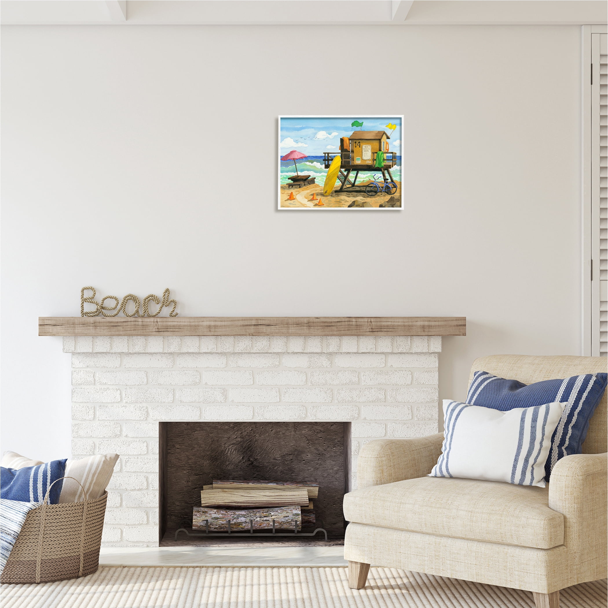 Stupell Industries Lifeguard Hut on Beach Nature Painting White Framed Art Print Wall Art, 20 x 16