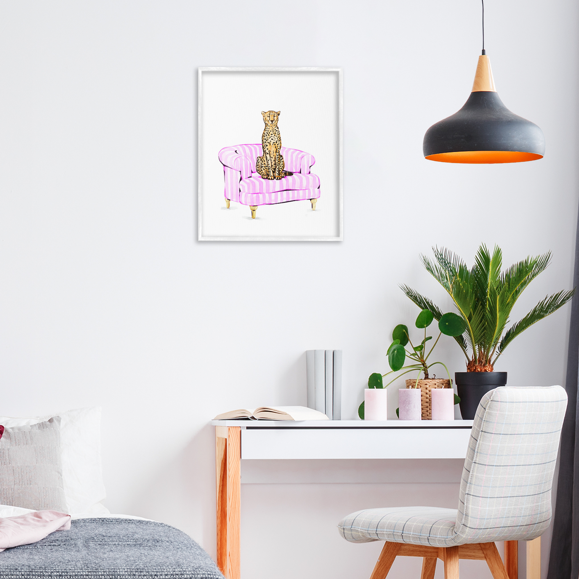 Cheetah on Pink Stripe Chair White Framed Giclee Art, design by Ziwei Li