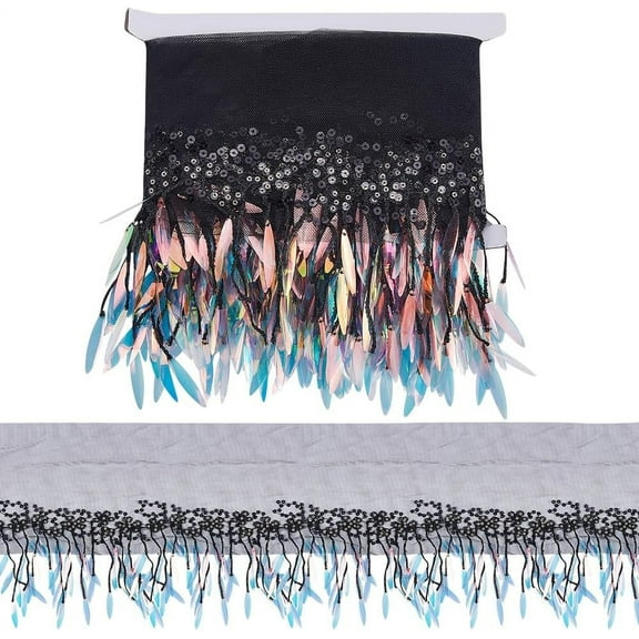 2 Yards x 11.4" Sequin Tassel Lace Black Polyester Fringe Bling Beaded Metallic Looped Sequins Embroidered Ribbon Fabric Mesh Arrow Trim