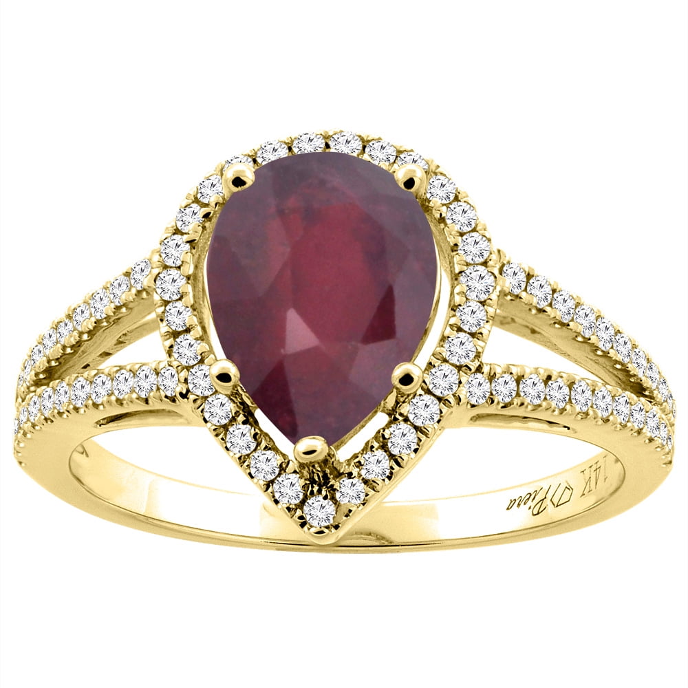 14K Yellow Gold Natural HQ Ruby Ring Pear Shape 9x7 mm Diamond Accents, size 5 by Gabriella Gold