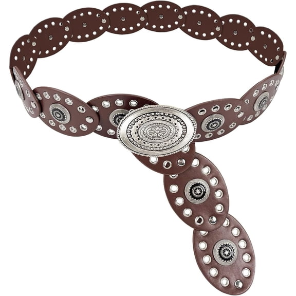 Boho Belt for Women- Cowgirl Belt with Chunky Metal Buckle, PU Leather, with Dresses Jeans