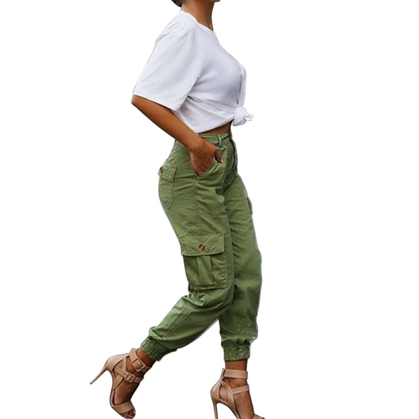 Pantalones cargo de entrenamiento Gibobby Pantalones casuales de cintura sólida fitness con bolsillos mujer recortados botones ajustados altos Verdinegro XL