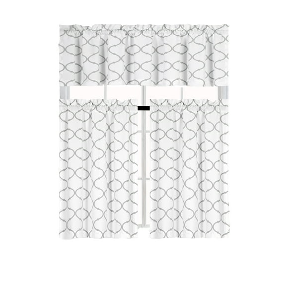 Shabby Lattice Cotton Blend Kitchen Curtain Tier & Valance Set - Grey