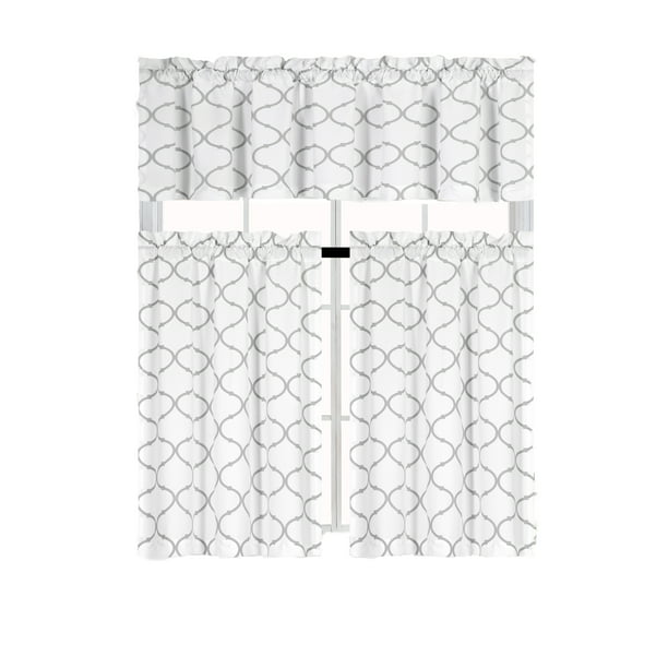 Shabby Lattice Cotton Blend Kitchen Curtain Tier & Valance Set - Grey ...
