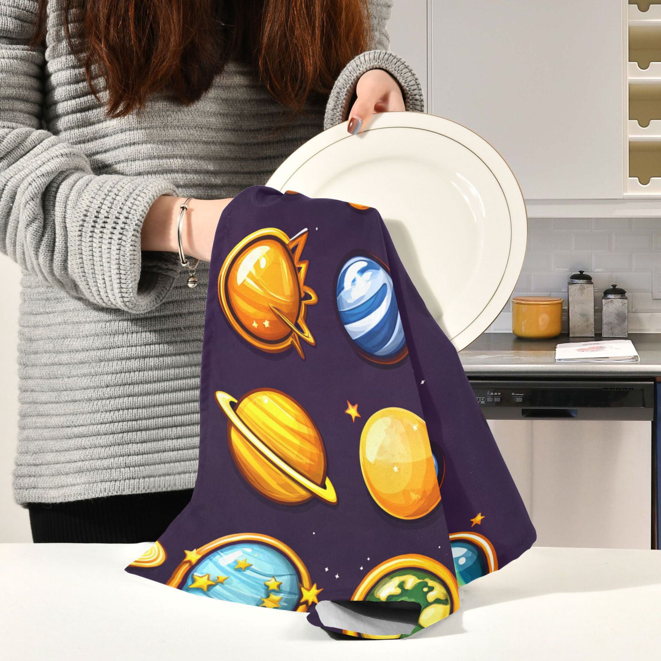 Cartoon Planets Pattern Kitchen Towels 6-Piece Pack Tea Towels for Kitchen Decorative Waffle Design 28x18in