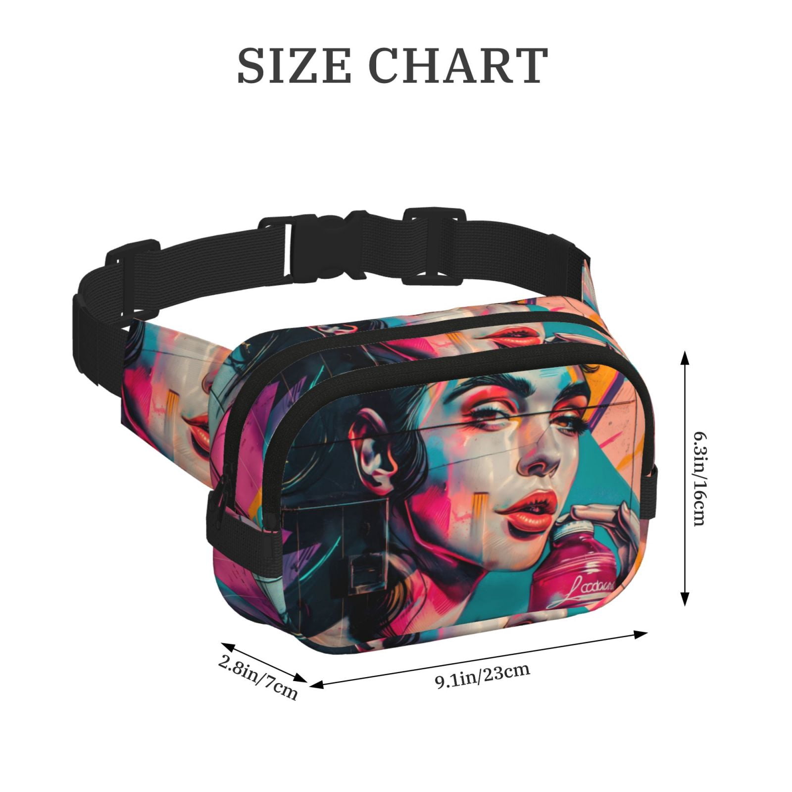 Picia Vibrant Street Art Portrait Print Square Double-Layer Waist Bag Mini Adjustable Waist Belt Bag Exercise Running Travel Hiking