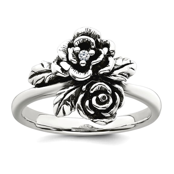 2.2mm 925 Sterling Silver Oxidized Polished Cubic Zirconia Flower Ring Size 6 Ring for Women