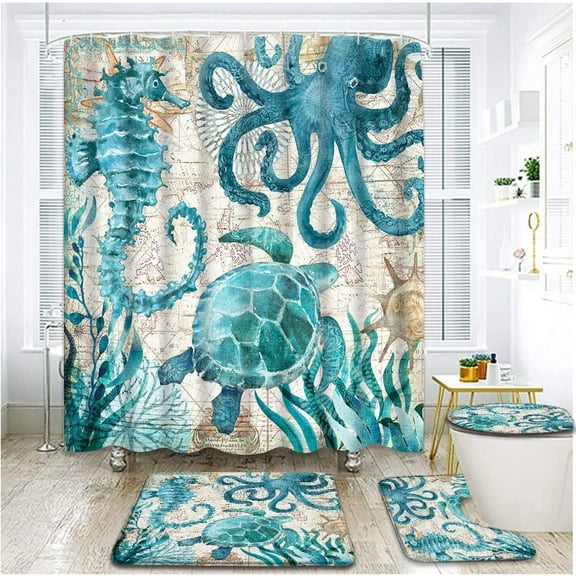 4 Piece Nautical Teal Turtle Shower Curtain Sets with Rugs, Toilet Lid Cover, Ocean Beach Sea Animal Octopus Seahorse Coral Reef Vintage Map Boho Style Bathroom Shower Curtain with 12 Hooks