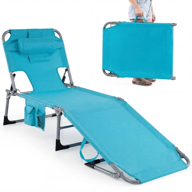 Gymax Portable Beach Chaise Lounge Chair Folding Reclining Chair w/ Facing Hole Turquoise