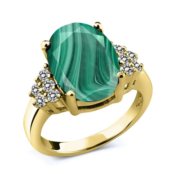 Gem Stone King 6.33 Ct Oval Green Malachite White Diamond 18K Yellow Gold Plated Silver Ring (Size 5)