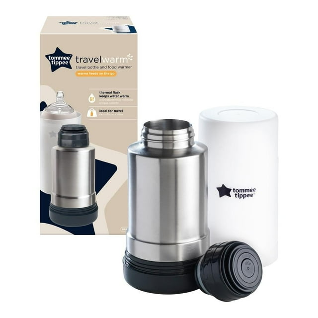 Calentador de botellas de Viaje Tommee Tippee Closer to Nature 500ml, blanco, termo de acero inoxidable con aislamiento térmico que mantiene el agua caliente sin fuente externa, incluye tapa negra y funda blanca con logo, ideal para calentar biberones y papillas en cualquier lugar.